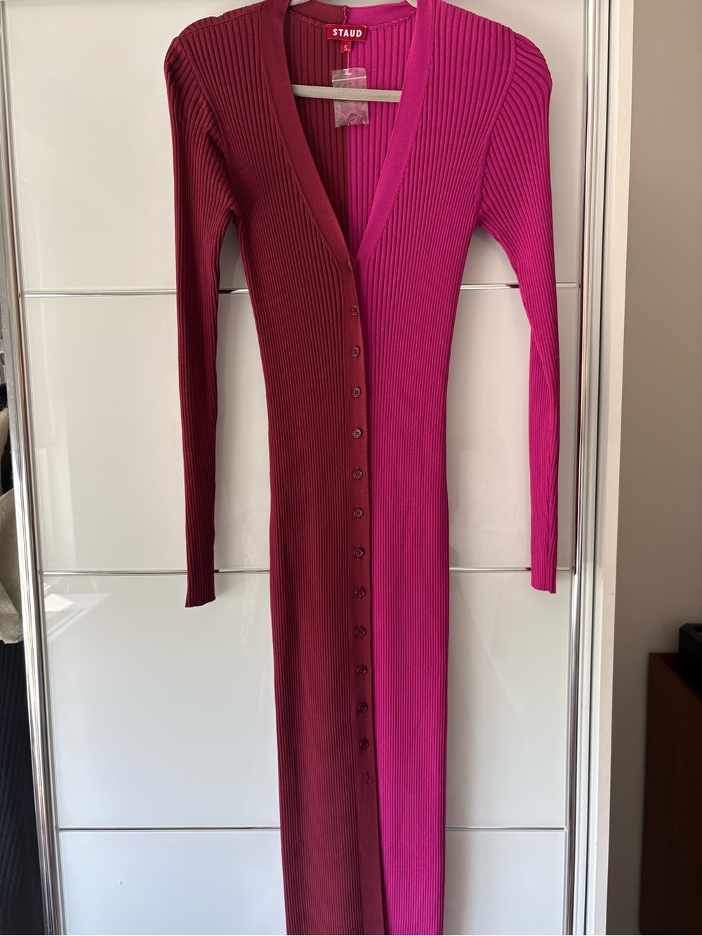 STAUD Two-Tone Ribbed Long-Sleeve Button-Front Dress in Magenta & Burgundy
